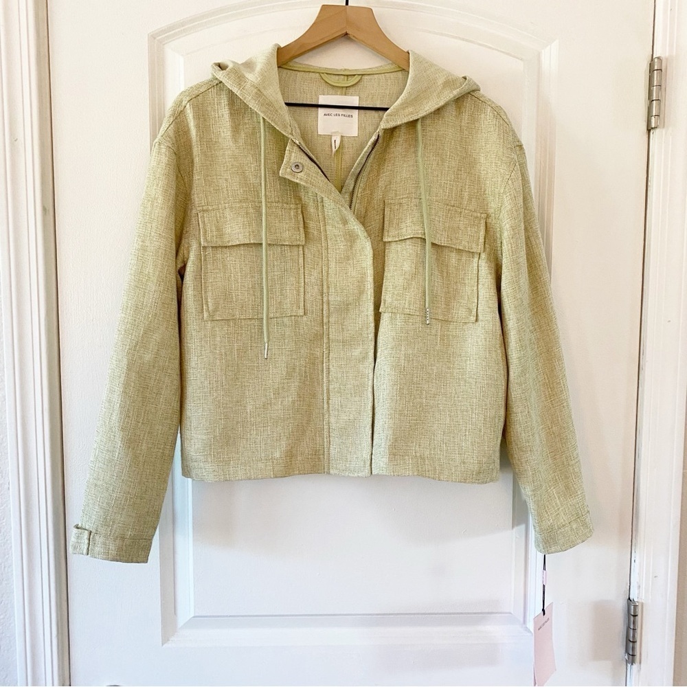 AVEC LES FILLES Anthro Green Lightweight Tweed Hooded Jacket NWT
